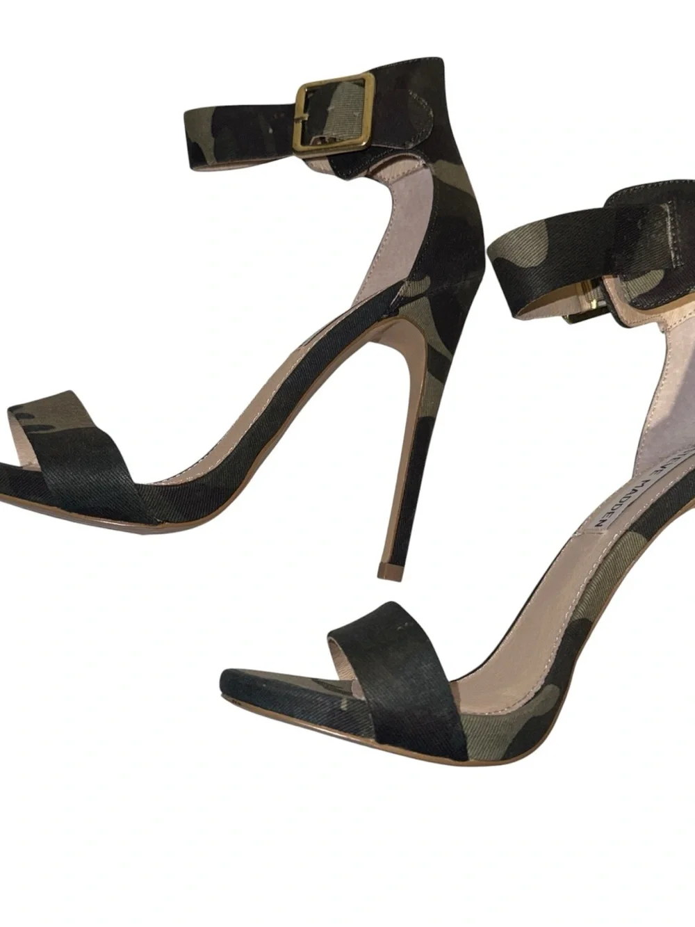 Steve Madden Womens Marlene Heels Green Camo Fabric Size 6.5 Ankle Strap‎